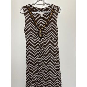Chicos Brown White Chevron Beaded V-Neck Sleeveless Maxi Dress Size 1 Medium